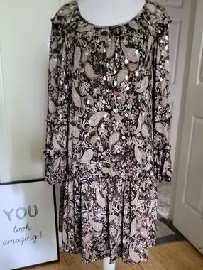 Harper Paisley Long Sleeve Swing Dress in Black and Cream